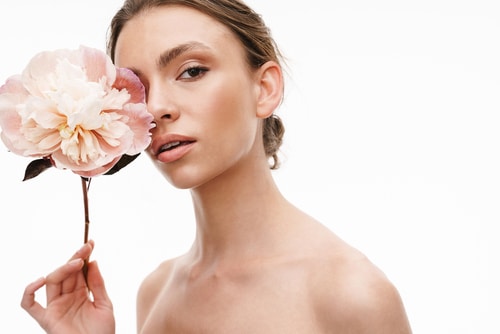Image,Of,Beautiful,Caucasian,Young,Shirtless,Woman,Holding,Peony,Flower